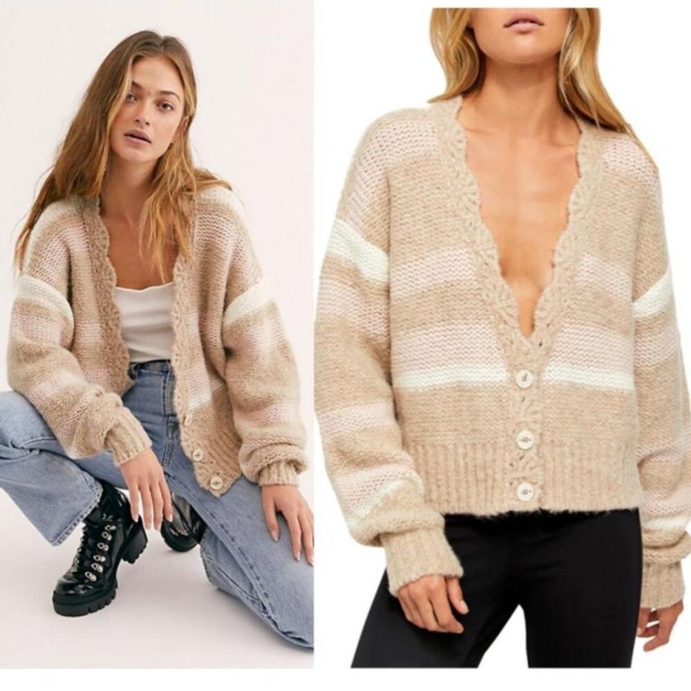 Free People White Beige Fine Time Sweater Fine Time Button Down Cardigan Size XS